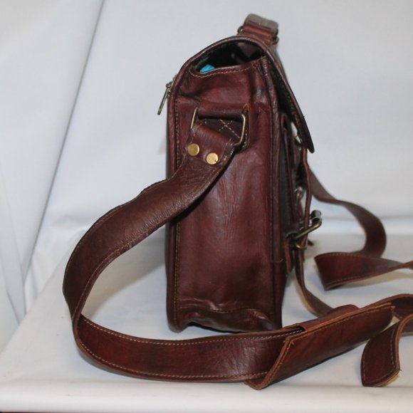 Vintage Handmade Oiled Saddle Leather Messenger Briefcase Bag Purse Handbag - Picture 4 of 12
